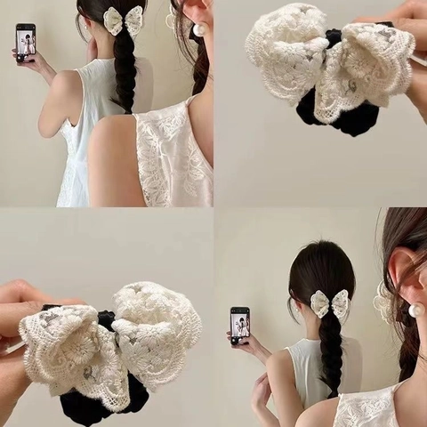 Süßer Spitzen Schleife Scrunchie Vintage Französisch Elegant Blumen Stickerei Haargummi Hohe Elastizität Haarschmuck Für Damen