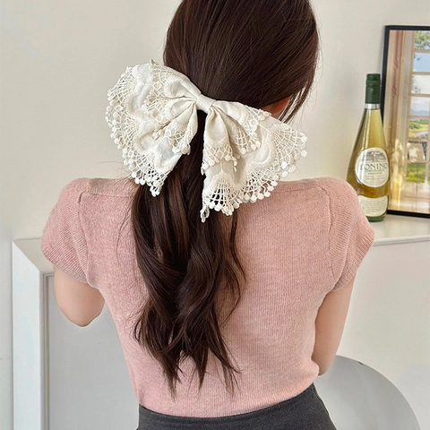 Eleganter Spitzen Schleife Haarclip Französisch Vintage Übergroß Off-White Stoff Haarspange Handgefertigter Haarschmuck Damen