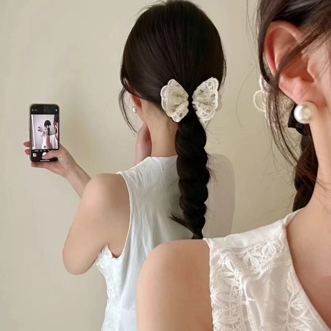 Süßer Spitzen Schleife Scrunchie Vintage Französisch Elegant Blumen Stickerei Haargummi Hohe Elastizität Haarschmuck Für Damen