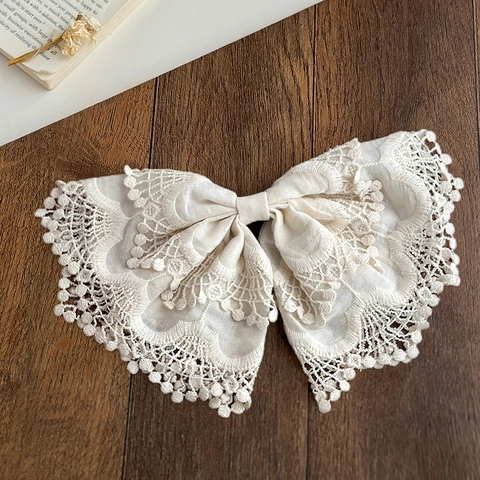 Eleganter Spitzen Schleife Haarclip Französisch Vintage Übergroß Off-White Stoff Haarspange Handgefertigter Haarschmuck Damen