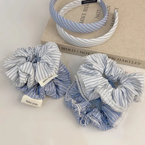 Korean Style Blue White Fine Stripe Fabric Hair Scrunchie Lace Trim Handmade Headband Fresh Hair Rope Accessories For Women