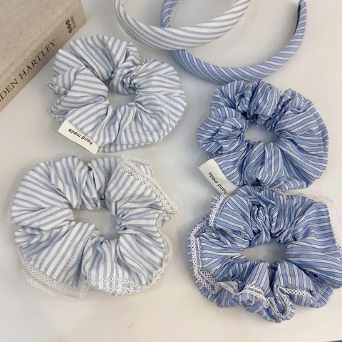 Korean Style Blue White Fine Stripe Fabric Hair Scrunchie Lace Trim Handmade Headband Fresh Hair Rope Accessories For Women