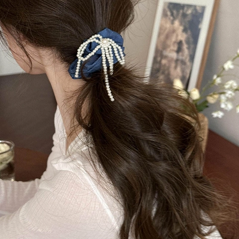 Korean Style Elegant Pearl Bowknot Scrunchies For Women Denim Texture Handmade Hair Ties Retro Hair Accessories