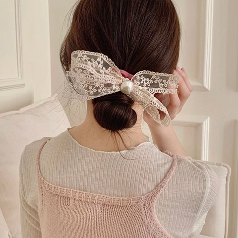 Koreanischer Stil Elegante Spitze Schleife Haargummi Mit Künstliche Perle Für Damen Vintage Satin Haarschmuck Ponytail Halter
