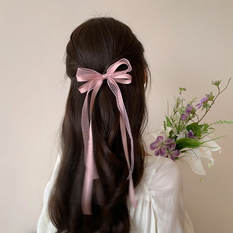 Sweet Satin Bow Hair Clip With Lace Streamer Elegant Vintage Ribbon Hairpin For Ponytail Girls Women Hair Accessories