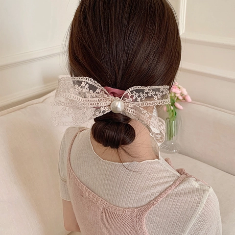 Koreanischer Stil Elegante Spitze Schleife Haargummi Mit Künstliche Perle Für Damen Vintage Satin Haarschmuck Ponytail Halter