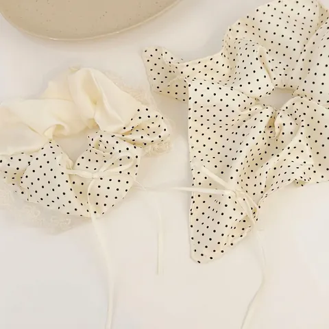 Scrunchie Francese Retro in Satin a Pois per Donna Elegante Elastico per Capelli con Fiocco e Nastro Accessori per Capelli Fatti a Mano con Bordo in Pizzo