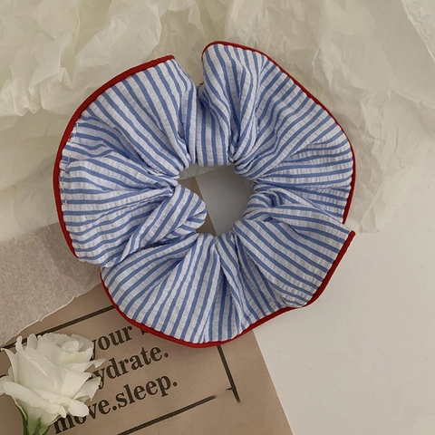 Marineblau Weiß Gestreiftes Haargummi Mit Roter Paspelierung Elastisches Haarband Koreanischer Stil Handgemachter Stoff