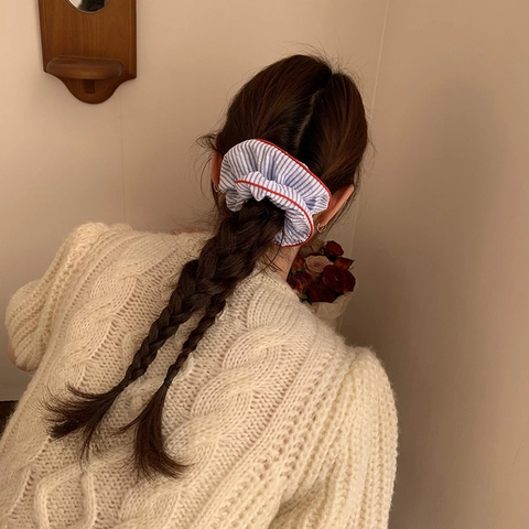 Marineblau Weiß Gestreiftes Haargummi Mit Roter Paspelierung Elastisches Haarband Koreanischer Stil Handgemachter Stoff