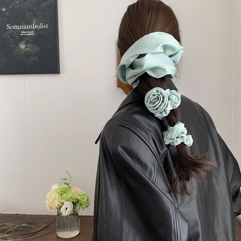 Mint Green Satin Rose Flower Scrunchie Set Elegant Oversized Elastic Hair Ties Handmade Large Hair Accessories For Women