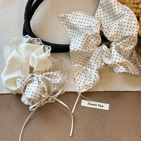 Coletero de Lunares de Estilo Francés Con Cinta de Lazo Borde de Encaje Goma para el Pelo Elegante Tela Blanco Crema Mujer
