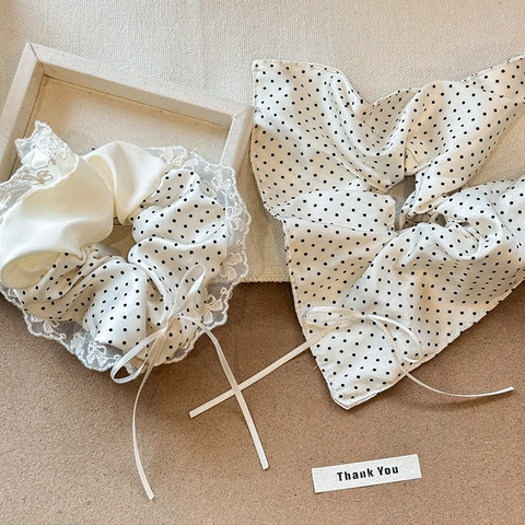 Coletero de Lunares de Estilo Francés Con Cinta de Lazo Borde de Encaje Goma para el Pelo Elegante Tela Blanco Crema Mujer