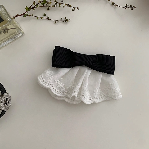 French Vintage Hair Clip Women Black Ribbon Bowknot White Embroidered Lace Ruffled Hairpin Elegant Sweet Side Clip Headwear Jewelry