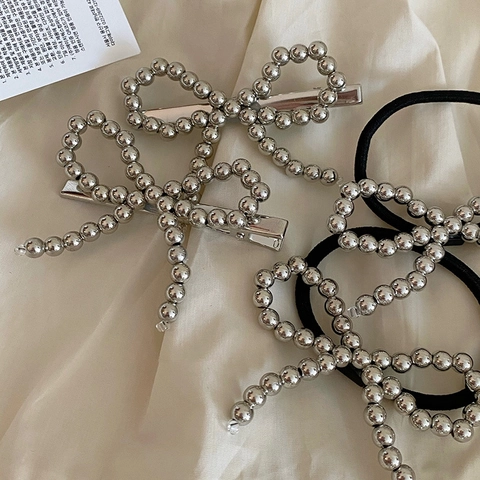 Fermaglio Per Capelli E Elastico Per Capelli Con Fiocco Balletcore Dolce Lega Argento Perline Metalliche Accessori Per Capelli Donna