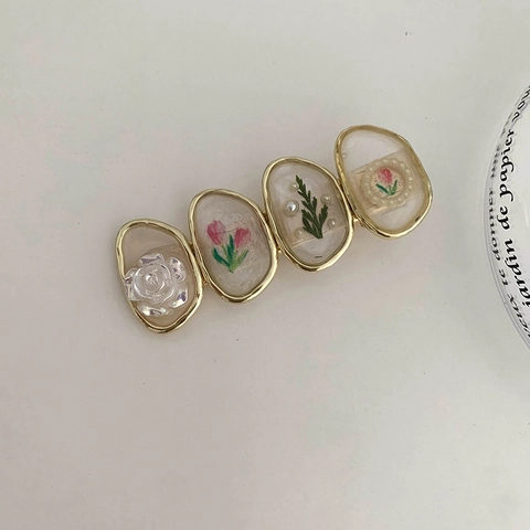 Pinza para el Pelo de Estilo Francés Vintage Aleación Resina Floral Rosa Tulipán Perla Artificial Clip de Pico de Pato Retro Mori Mujer