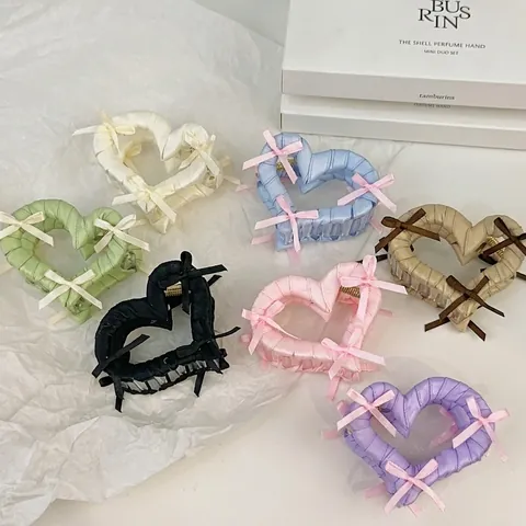 French Balletcore Heart Hair Claw Clip Satin Ribbon Bow Tie Elegant Shark Clip For Women Hair Styling Accessories