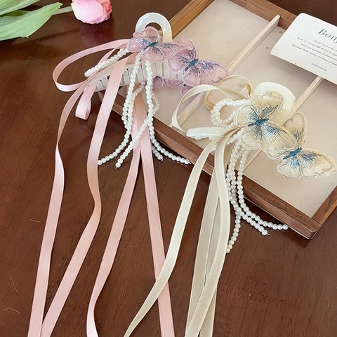 Große Schmetterling Haarklammer Stickerei Netzhaut Satinband Künstliche Perlenquaste Süße Elegante Haarnadeln Für Damen