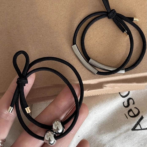 Minimalist Black Elastic Hair Tie With Silver Metal Tube Accents For Women High Elasticity Durable Hair Accessory