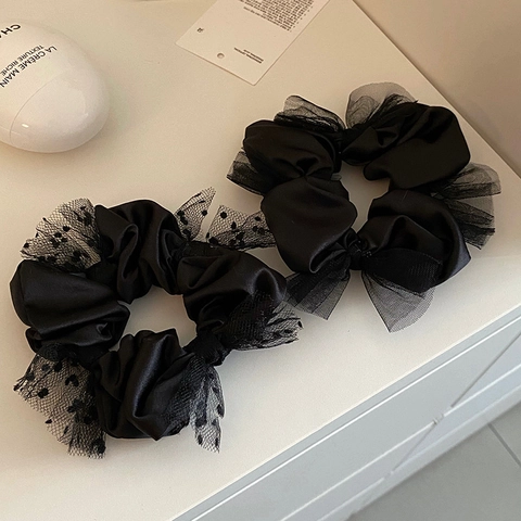 Vintage Franse Stijl Zwart Satijn Stippen Tule Scrunchies Elegante Oversized Haarbanden Paardenstaart Houders Vrouwen Haaraccessoires