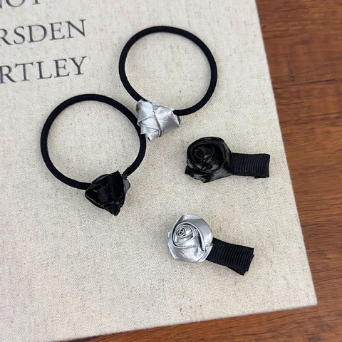 Balletcore Fiocco in Nastro di Raso Fermaglio per Capelli Rosa Fiore Elastico per Capelli per Donna Ragazze Argento Nero Accessori