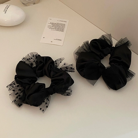 Vintage Franse Stijl Zwart Satijn Stippen Tule Scrunchies Elegante Oversized Haarbanden Paardenstaart Houders Vrouwen Haaraccessoires