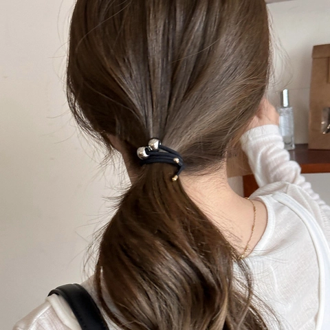 Minimalist Black Elastic Hair Tie With Silver Metal Tube Accents For Women High Elasticity Durable Hair Accessory