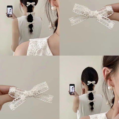 Élégante Pince à Cheveux Nœud en Dentelle Blanc Crème Style Français Brodée Florale Pince Croco Douce Pince Latérale Accessoires Cheveux Femme
