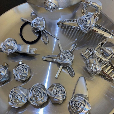 Koreanischer Stil Silber Rosen Haarspange Kunstleder Metallic Blume Greifer Clip Schleife Kopfschmuck Für Damen Cool Girl Zubehör