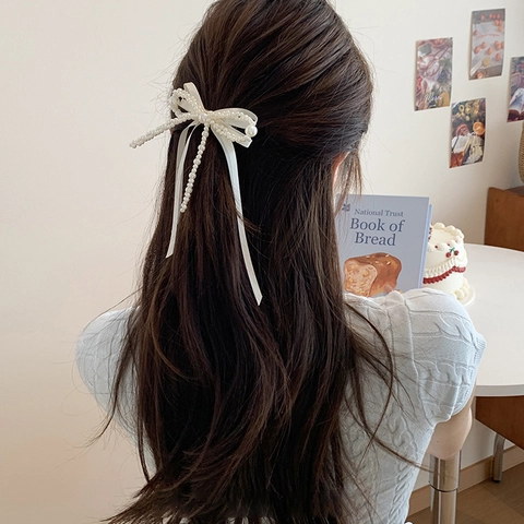 Barrette Cheveux Élégante Nœud en Künstliche Perles Blanches pour Femme Ruban Satiné Pince Bec de Canard Mariage Accessoires Cheveux