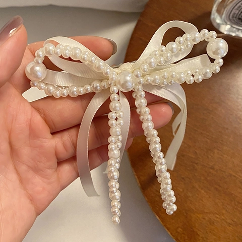 Barrette Cheveux Élégante Nœud en Künstliche Perles Blanches pour Femme Ruban Satiné Pince Bec de Canard Mariage Accessoires Cheveux