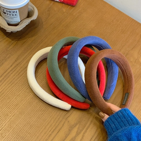 Women Korean Style Padded Plush Headband Handmade Thickened Sponge Hair Band Autumn Winter Solid Color Hair Accessories