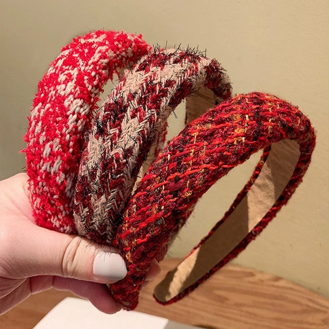 Vintage Tweed Gestricktes Breites Stirnband Für Damen Herbst Winter Dick High Top Rot Karo Haarband Süß Koreanisch Handgefertigter Haarschmuck
