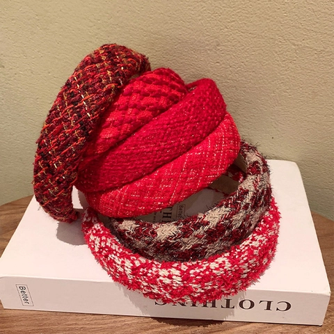 Vintage Tweed Gestricktes Breites Stirnband Für Damen Herbst Winter Dick High Top Rot Karo Haarband Süß Koreanisch Handgefertigter Haarschmuck
