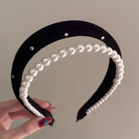 French Elegant Double Layer Velvet Headband With Faux Artificial Pearl And Rhinestone Decoration Wide Side Hair Hoop For Women Hair Accessories