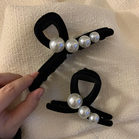Pinza per Capelli in Velluto Nero con Künstliche Perle Vintage Francese Elegante Grandi Piccole Orecchini per Capelli Donna Accessori