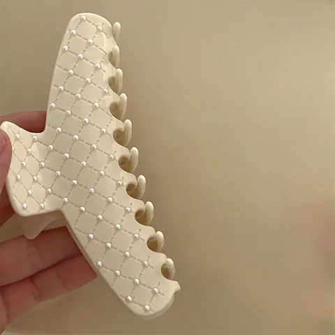 Grote Acetaat Haarklem Met Kunstparels Ruitenpatroon Elegante Crèmewit Haarklammer Voor Dik Haar Dames Haaraccessoires