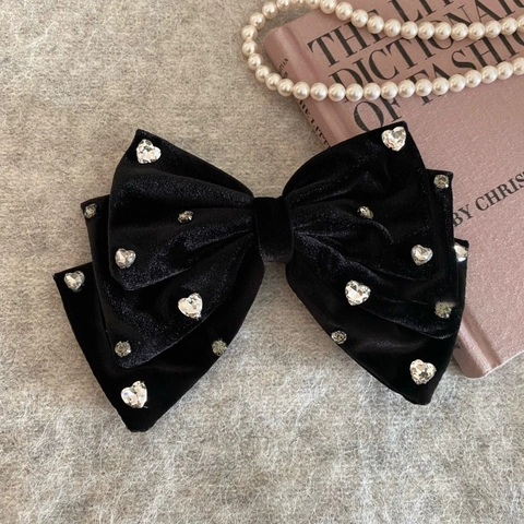 Pince à Cheveux Élégante en Velours avec Nœud pour Femme Accessoire de Cheveux Noir Rétro Français avec Strass en Cœur