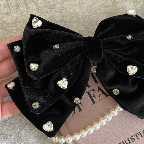 Pince à Cheveux Élégante en Velours avec Nœud pour Femme Accessoire de Cheveux Noir Rétro Français avec Strass en Cœur