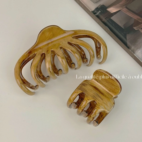 Molletta per Capelli in Stile Coreano in Resina Marrone Ambra Grande Retro Trama Venature del Legno per Donna Gioielli
