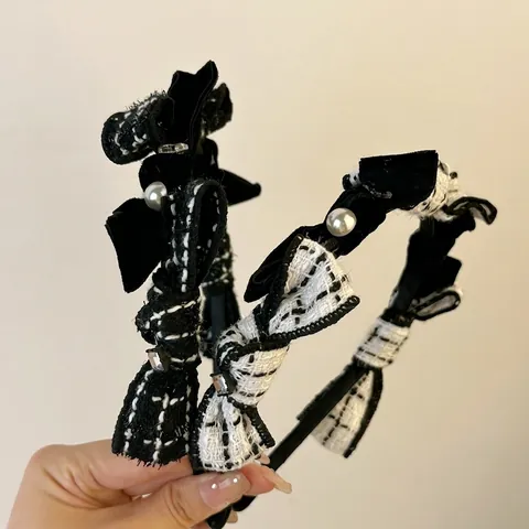 Cerchietto Vintage in Tweed con Fiocco Per Donna Elegante Perla Artificiale Strass Cerchietto per Capelli Moda Accessori