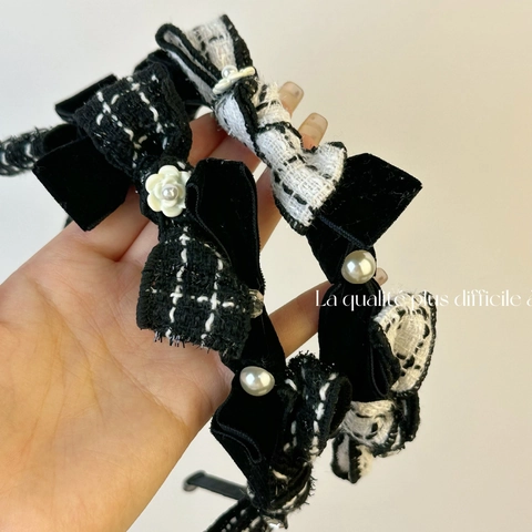 Cerchietto Vintage in Tweed con Fiocco Per Donna Elegante Perla Artificiale Strass Cerchietto per Capelli Moda Accessori