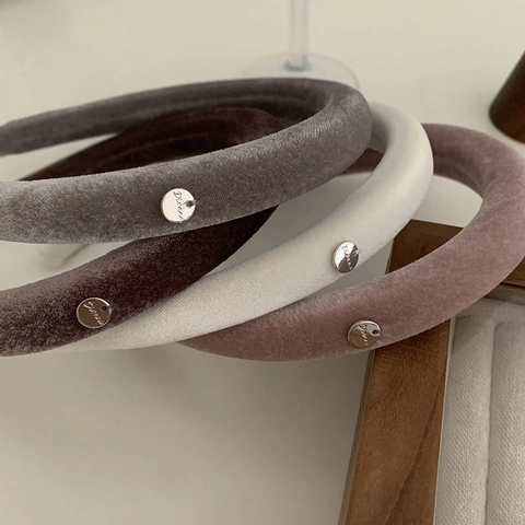 French Vintage Velvet Padded Headband For Women Solid Color Morandi Thick Hairband With Metal Decoration Elegant Hair Accessories