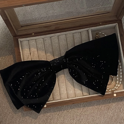 Franse Vintage Fluwelen Strik Haarklem Grote Scrunchies Glinsterende Strass Elastiekjes Elegante Zwarte Stof Hoofddeksel Vrouwen Accessoires