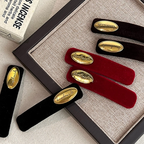 Franse Vintage Fluwelen Haarspeld Met Gouden Label Handgemaakt Elegant Zijclip Ponyclip Vrouwen Esthetische Haaraccessoires