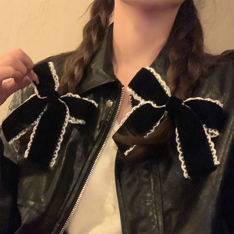 Pince à Cheveux Nœud en Velours Noir Rétro Français Avec Bordure en Dentelle Blanche Épingles à Cheveux Douces Pour Femmes