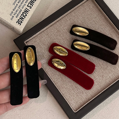 Franse Vintage Fluwelen Haarspeld Met Gouden Label Handgemaakt Elegant Zijclip Ponyclip Vrouwen Esthetische Haaraccessoires