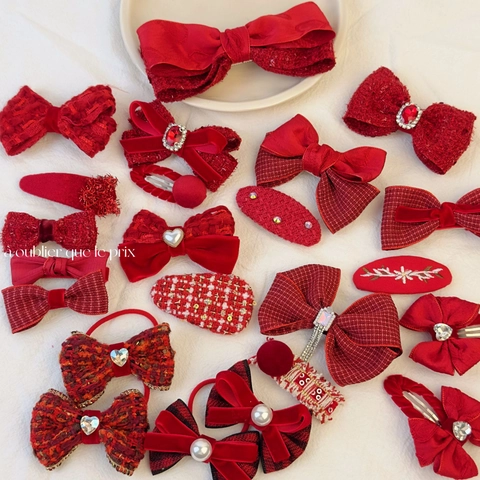 Pinzas para el Pelo con Lazo Rojo para Niñas Mujeres Strass Perla Artificial Tela Clips BB Accesorios para el Cabello Regalo de Año Nuevo