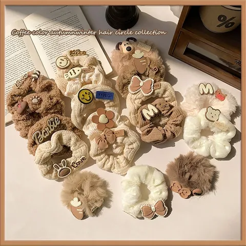 Fell Plüsch Strick Scrunchies Für Damen Süß Cartoon Tier Schleife Buchstabe Deko Herbst Winter Haargummi Accessoires