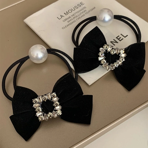Elegante Zwarte Fluwelen Strik Haarelastiekjes Met Strass Hart En Neparel Elastische Haarbanden Franse Paardenstaarthouder Voor Dames