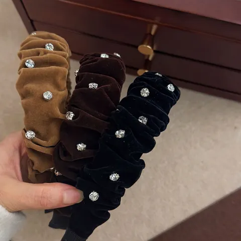 Französisch Vintage Plissiert Samt Strass Stirnband Breitkrempiger Mode Haarschmuck Für Damen Herbst Winter Haarreif